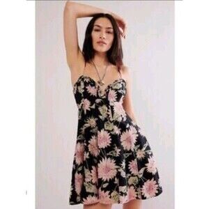 Free People Floral Print Babydoll Mini Dress XS Linen